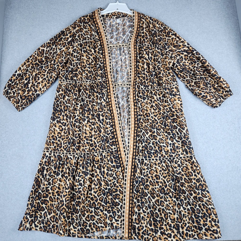 Cato Duster Womens XL Brown Leopard Bali Hide Warm Sand Tiered Boho Open Front